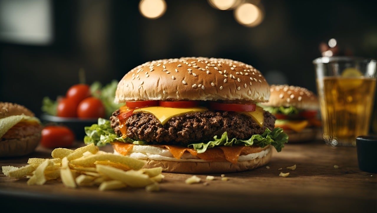 ai generated, hamburger, burger, barbecue, grilling, cheese burger, beef, fast food, nourishment, health, sandwich, bun, hamburger, burger, burger, burger, burger, burger